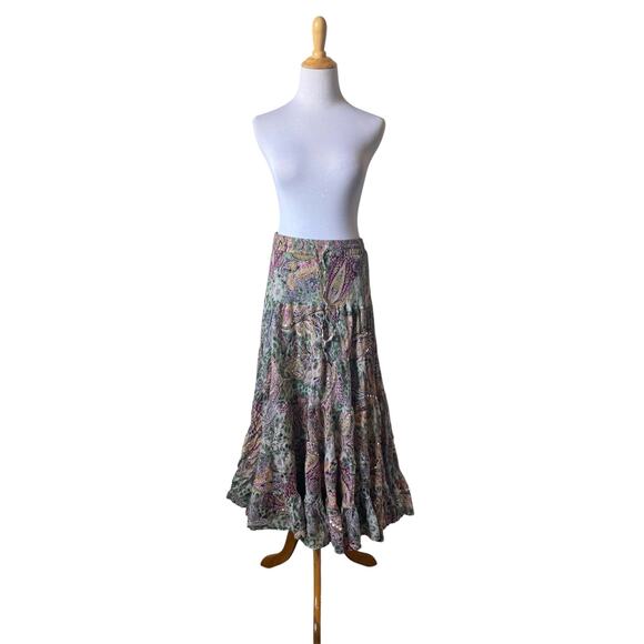 SIlver Stream Paisley Print Flowy Boho Hippie Sequin Cotton Pull On Maxi Skirt - Picture 2 of 10